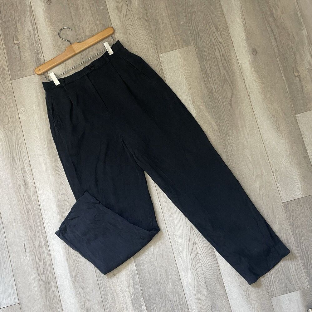 Loft Silk Pants high rise pleat straight leg dress womens Black (size 8) office